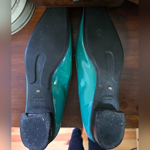 PRADA teal- turquoise patent leather penny loafers odd square toe! sz 38.5 - Picture 6 of 9